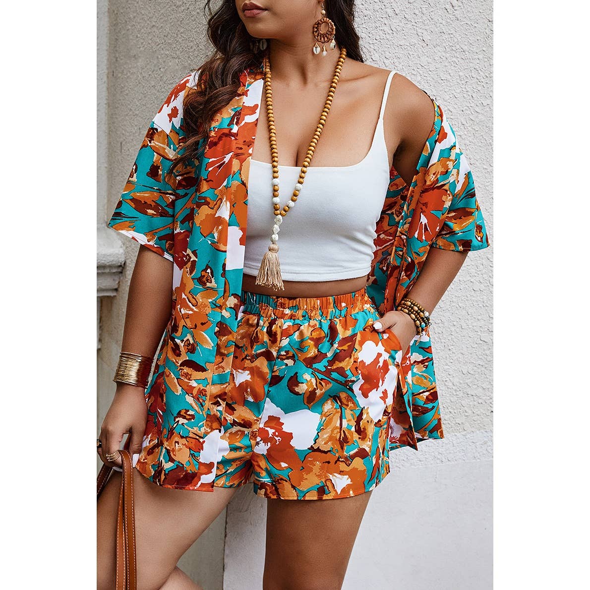 FUCHSIA Plus Size Floral Print Open Front Shorts Sets for wholesale on Faire6