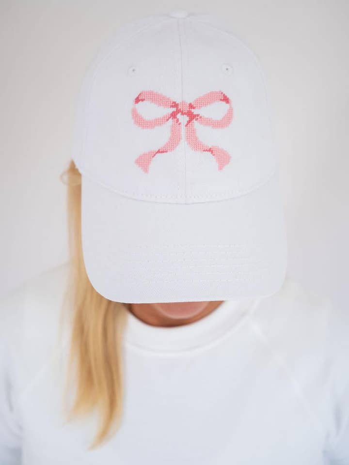 Needlepoint Baseball Hat - Pink Bow - WS for wholesale by Lisi Lerch