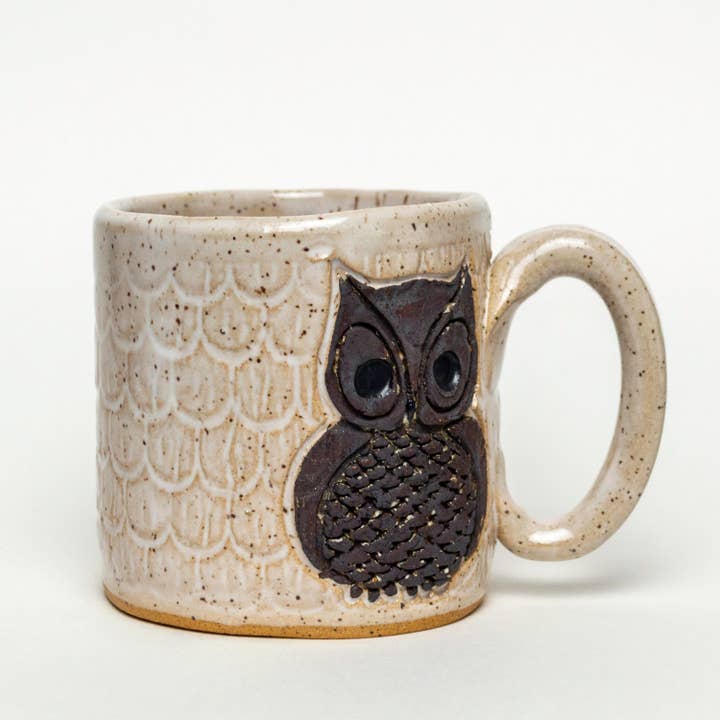 Classic Owl Design Handmade, in Ohio, Ceramic White 10oz Mug for wholesale by White Squirrel Clayworks