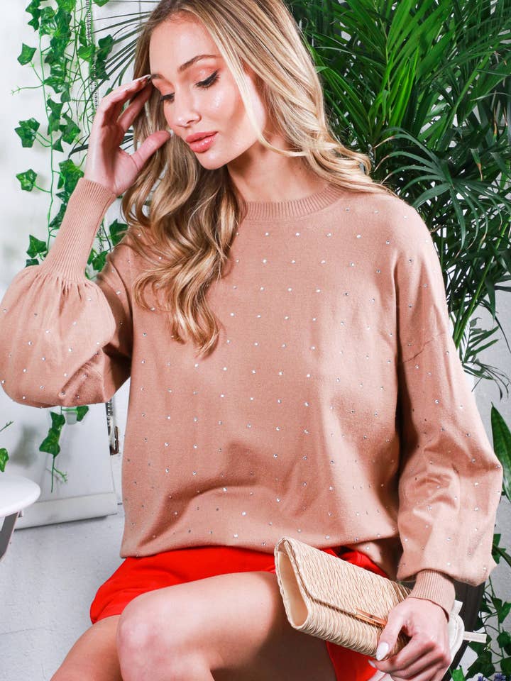 Vine & Love - Wholesale Knit Sweater - Women's - Rhinestone Detail Long Balloon Sleeve Knit Sweater VT60387B