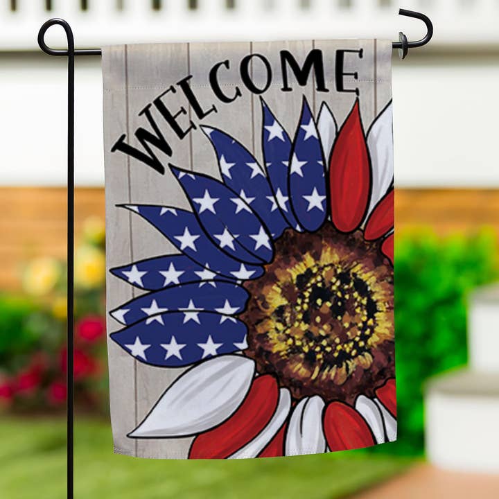 Patriotic Sunflower Burlap Garden Flag for wholesale by Evergreen Enterprises