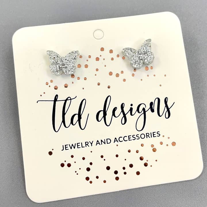 TLD Designs - Wholesale Stud/Post Earrings - Silver Acrylic Butterflies