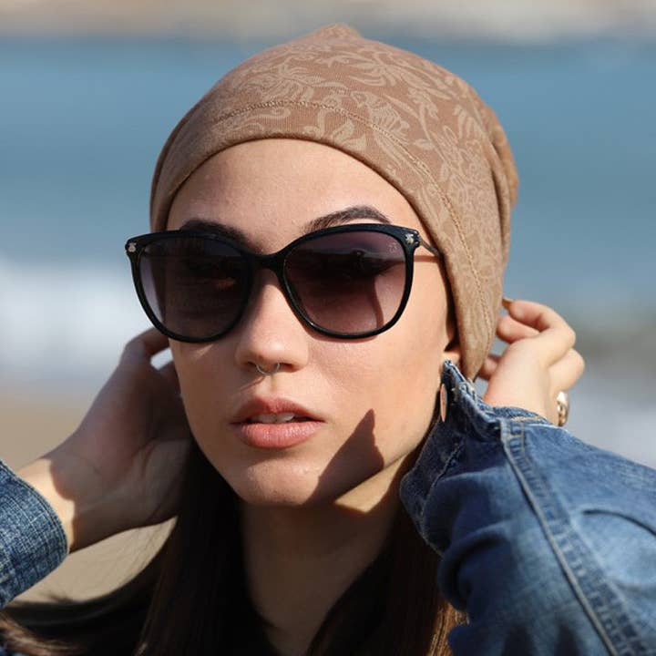 437 Brown Beanie Hats with transparent all-over printe, Hat for wholesale by Purple Sardine