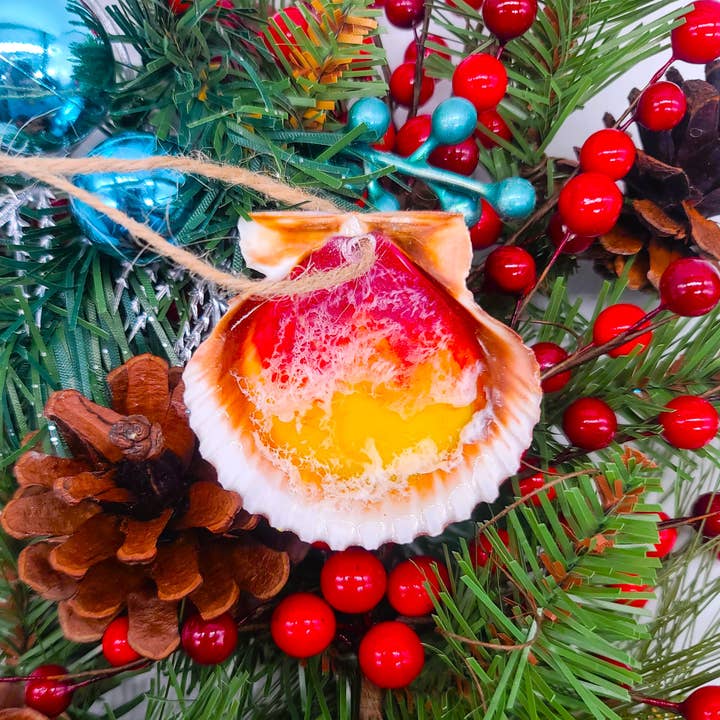 JEMS of the Sea - Wholesale Ornament - Real Scallop Seashell Christmas Ornaments-Resin Ocean Waves