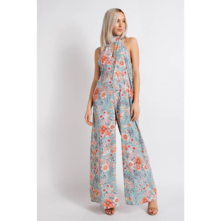 74174-2cjs-r CONTEMPORARY HALTER NECK SELF TIE JUMPSUIT for wholesale by The Curve LA