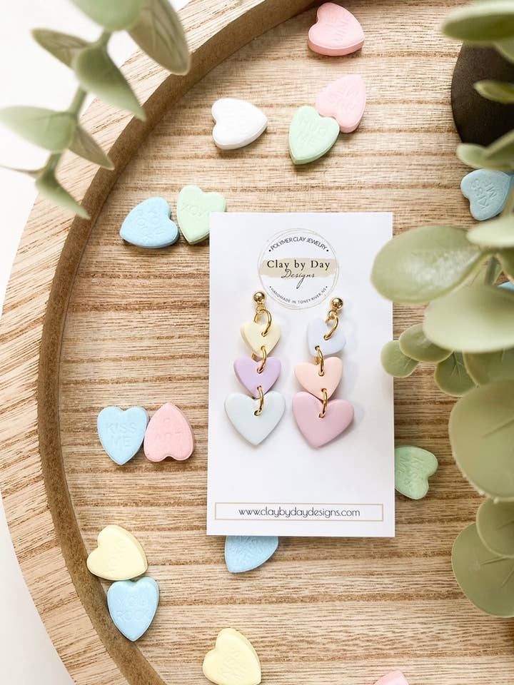Pastel Sweethearts Valentines - polymer clay earrings for wholesale by Clay by Day Designs
