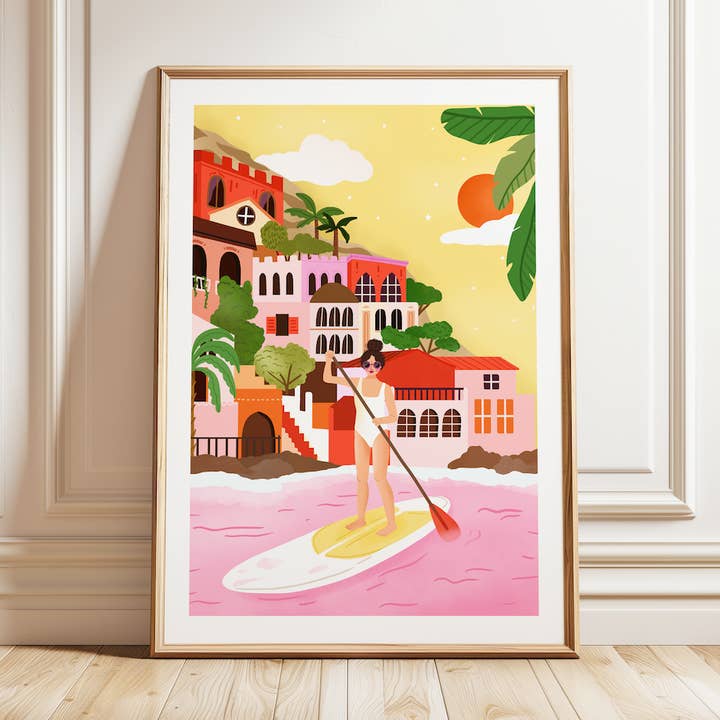 A4 Poster mit illustriertem Kunstmotiv – Mädchen beim Stand-up-Paddeln für den Großhandel von Muchable