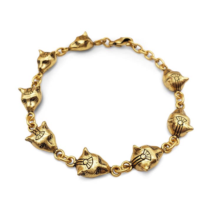 Egyptian Cat Head Link Bracelet - Gold - Bastet Goddess for wholesale by Discoveries, Inc.