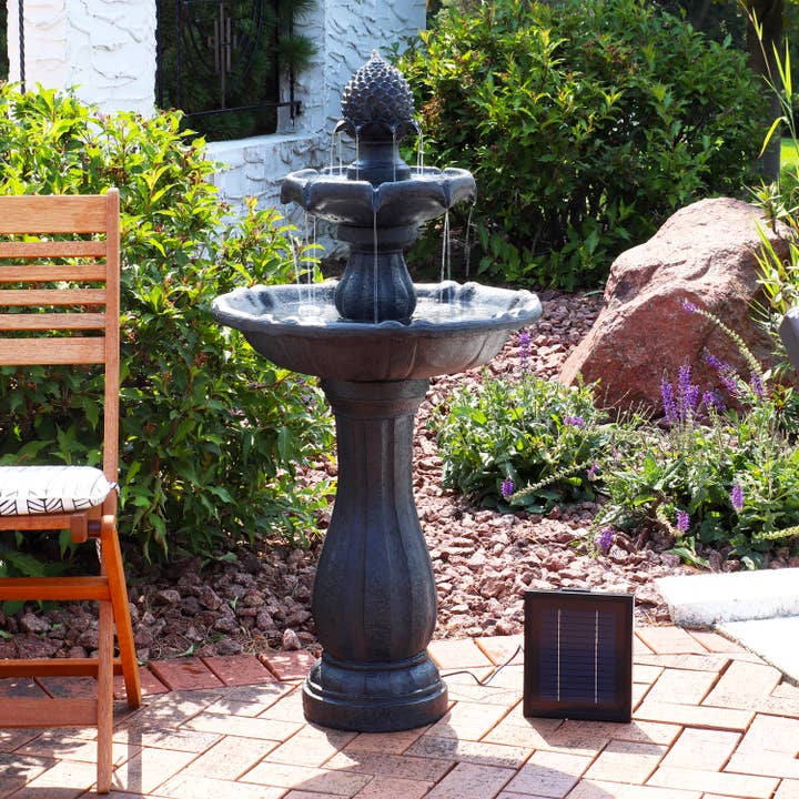 Pineapple Outdoor 2-Tier Solar Fountain with Battery - Black for wholesale by Sunnydaze Decor