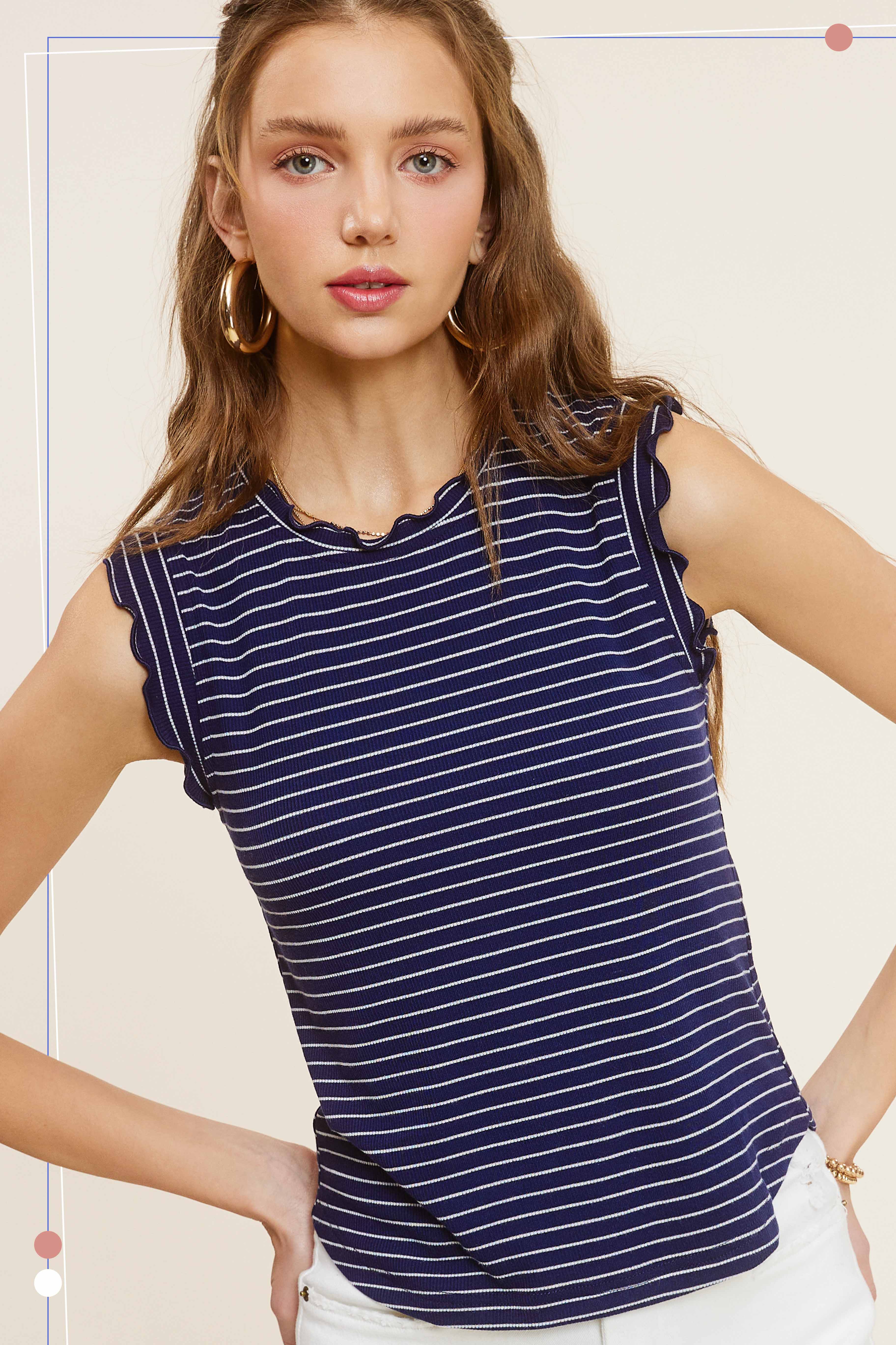La Miel – wholesale Tank top – Women′s – HCT7692-Stretchy Brushed Ruffle Sleeve Stripe Tank Top20