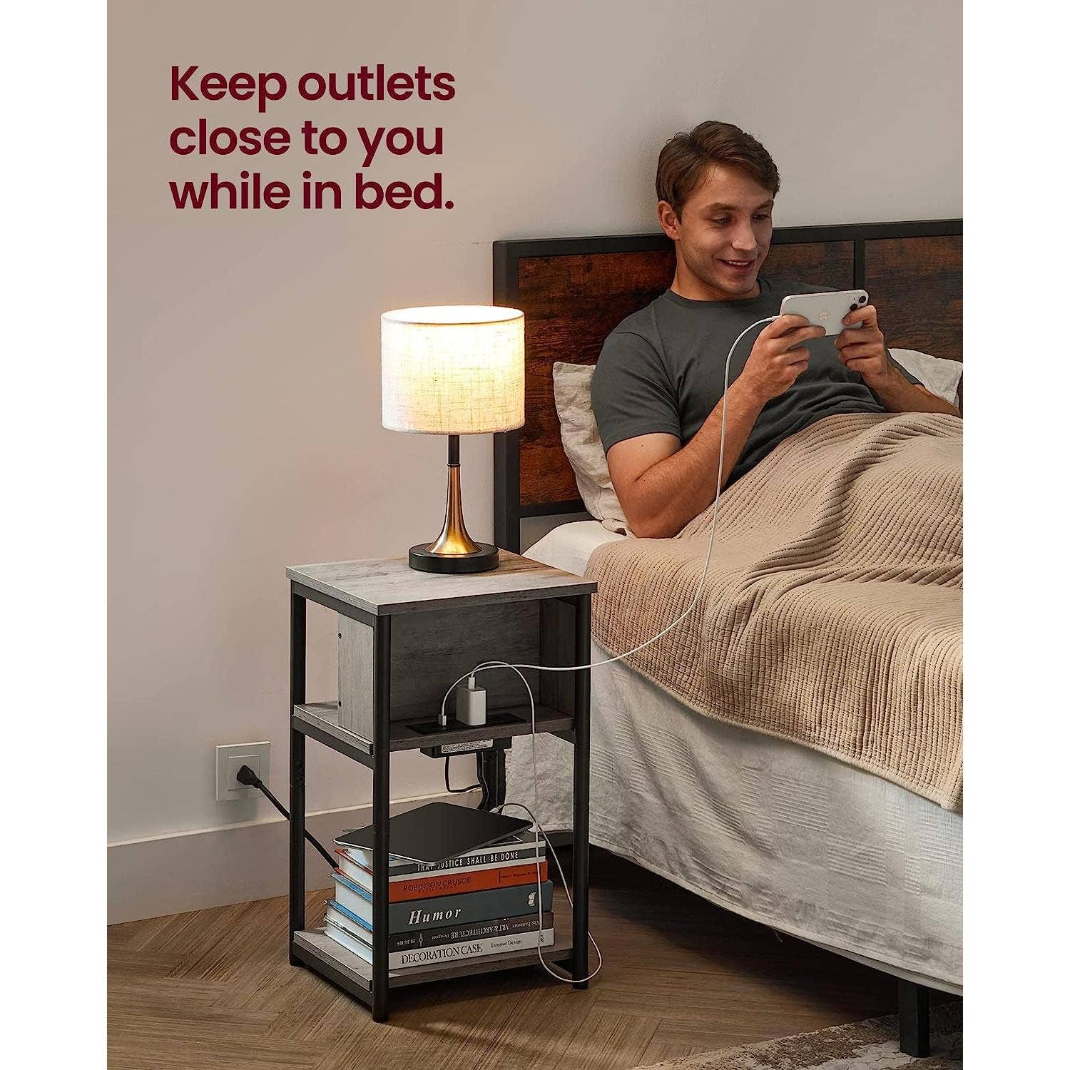 Greige Black End Table With 3 Tier Charging Station USB And AC Outlets for wholesale on Faire5