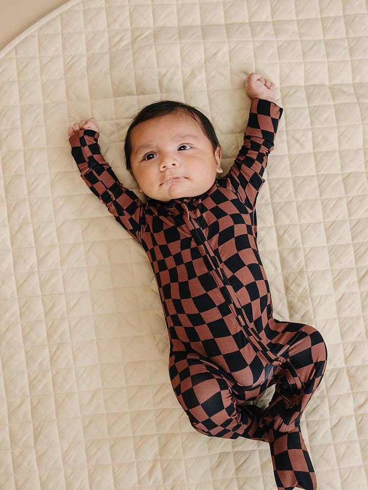 Bamboo Zip Romper | Chocolate Wavy Checkered for wholesale by Lucky Panda Kids