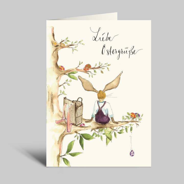 Osterkarte | Liebe Ostergrüße | Osterhase sitzt in Baum für den Großhandel von Annelis Art