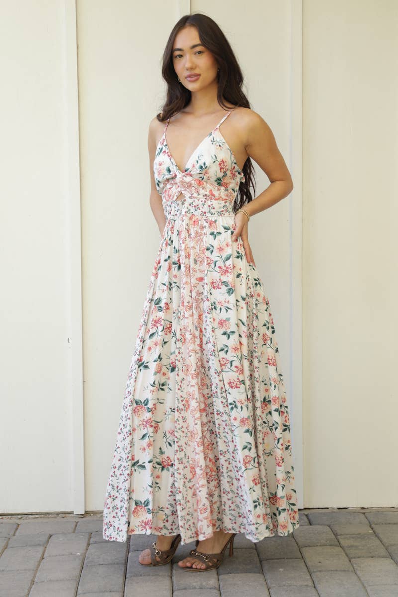 ANGIE - Wholesale Dress - Women's - C4C46-WA78-WA79 MIXED PRINT GODET MAXI DRESS WITH TWIST FRON5