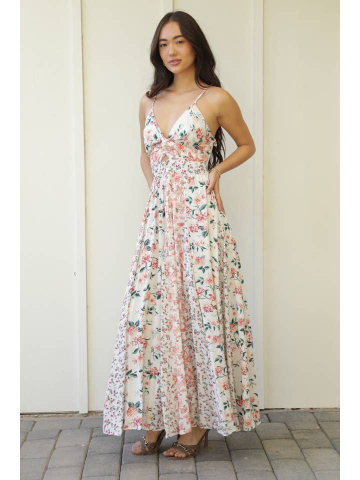 ANGIE - Wholesale Dress - Women's - C4C46-WA78-WA79 MIXED PRINT GODET MAXI DRESS WITH TWIST FRON5