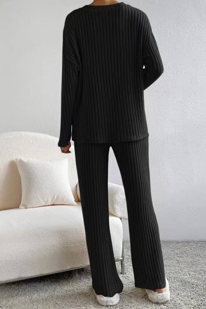 UNISHE - Wholesale Lounge Set - Women's - Plain V Neck Rib Long Sleeves Top With Pants 2pcs Set ZK56015