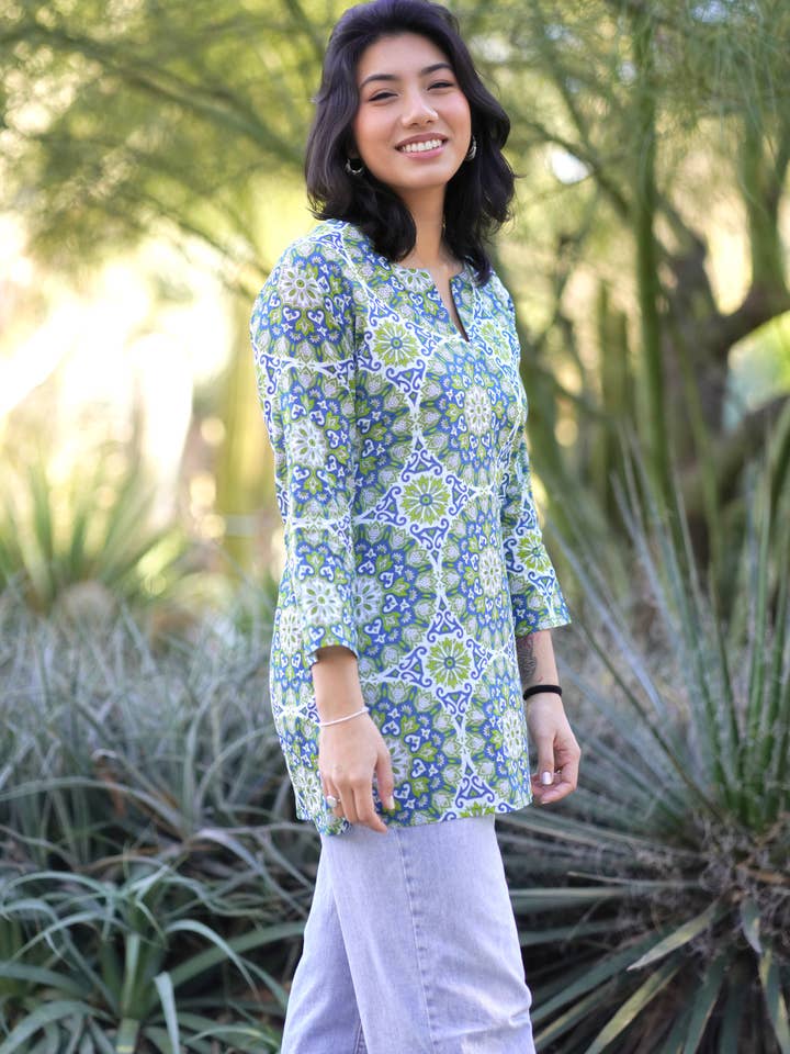Riley Cotton Kurta Tunic Teal Olive for wholesale on Faire