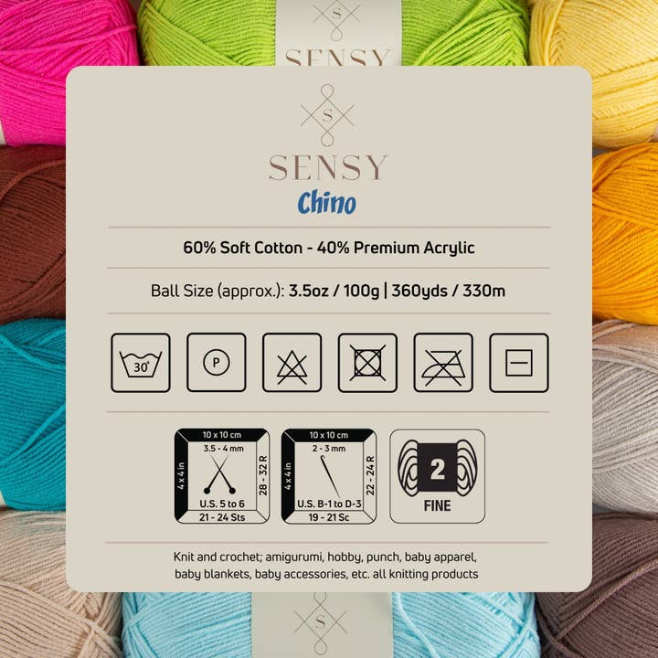 Sensy - Wholesale Yarn - Sensy Chino Soft Cotton Yarn, 3.5 oz, 360 Yards, Gauge 2 Fin