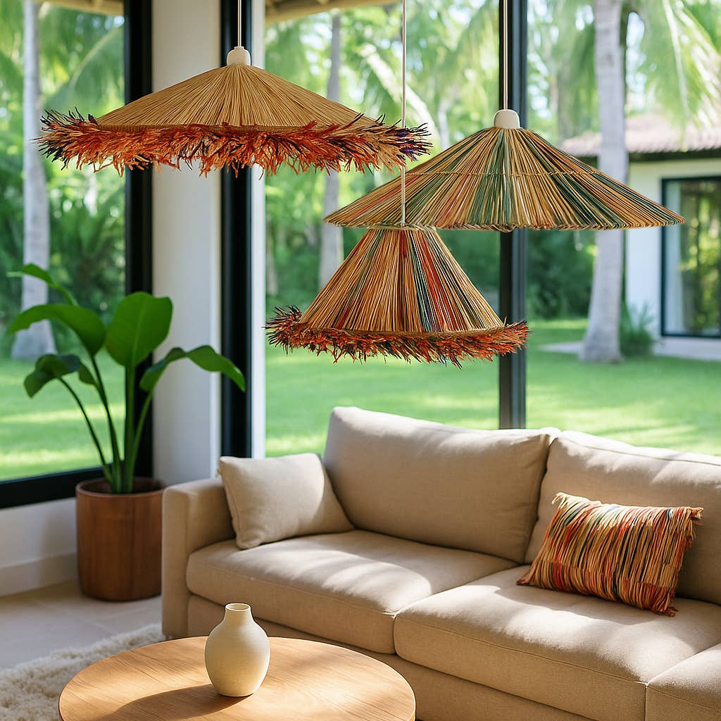 Now's Home - Wholesale Kroonluchter/hangend licht - Hanglamp van natuurlijke raffia met gekleurde franjes 70 cm diameter Belaga2