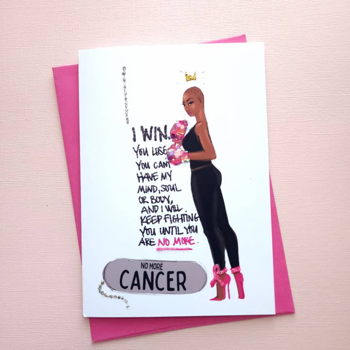 I Win! - Cancer Fighter | Encouragement Greeting Card for wholesale by CRWND Illustrations by KDS