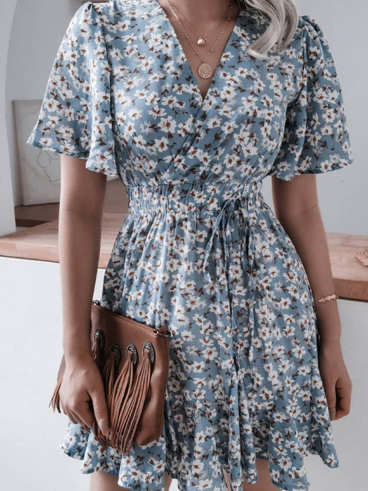 NINEXIS - Wholesale Dress - Women's - CWDSD4717_V-NECK FLORAL RUFFLED PLEATED DRESS SHORT5