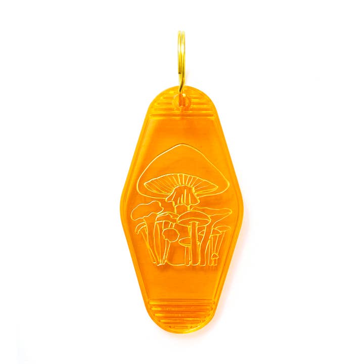 Mushroom Motel Key Tag | Clear Orange with Gold Foil for wholesale by Boss Dotty Paper Co.