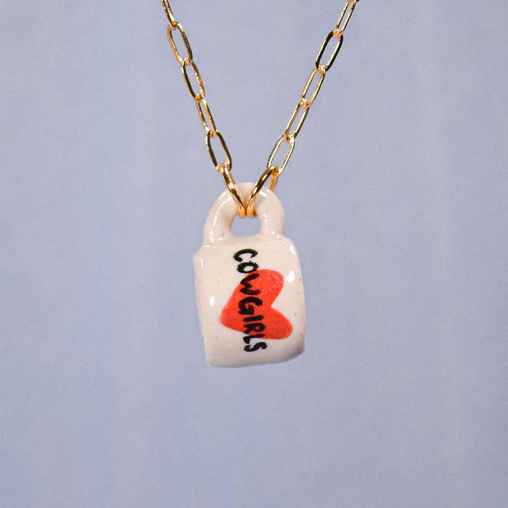 Cowgirl Miniature Mug Ceramic Charm Pendant Necklace for wholesale by Juice Ceramics Handmade Pottery and Jewelry