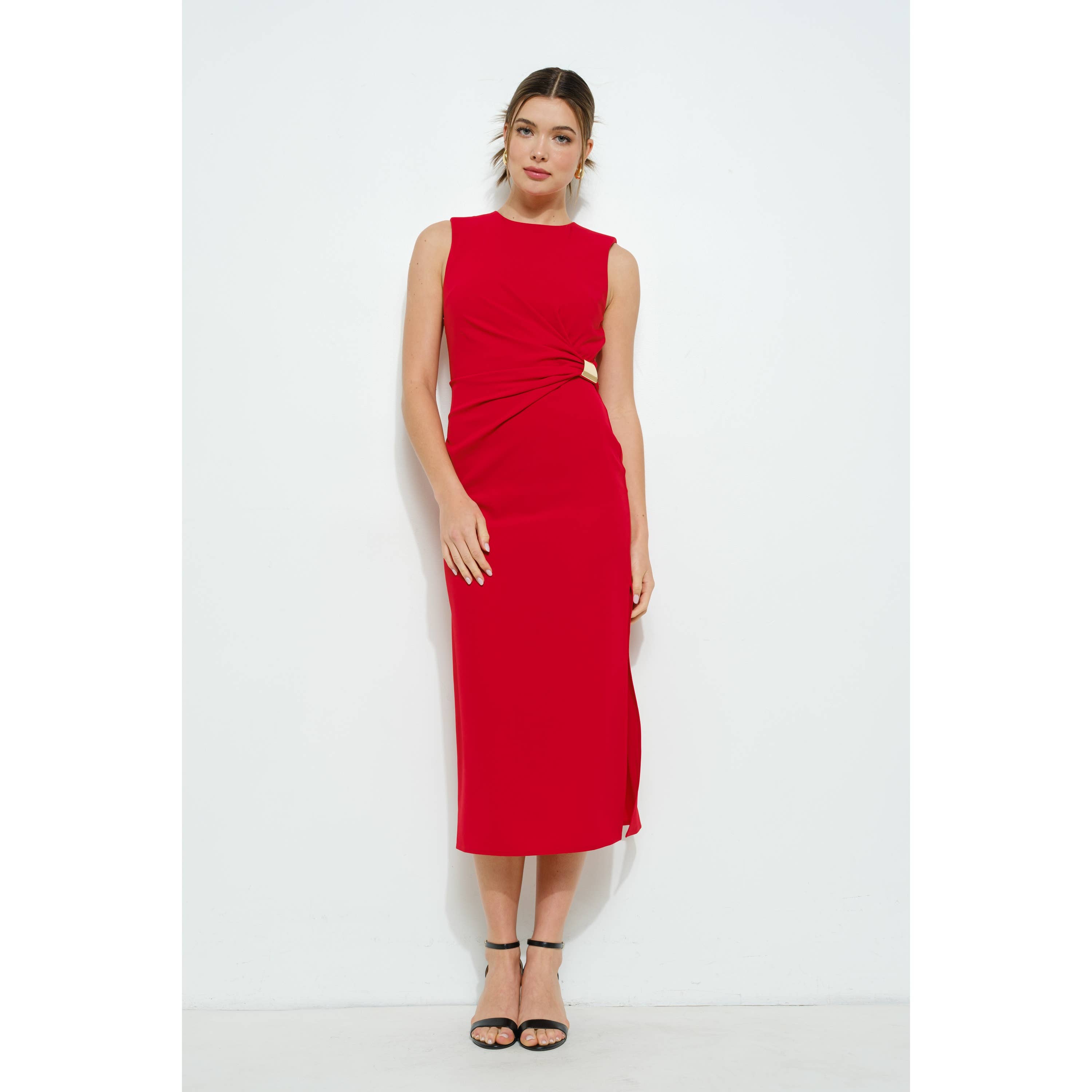 INA - Vendita all'ingrosso Vestito - Donna - Abito midi senza maniche con drappeggio e accenti dorati18