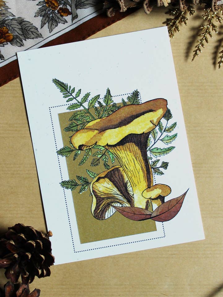 Aquarell-Postkarte Herbst Pfifferling Pilz für den Großhandel von Au cœur des lunes