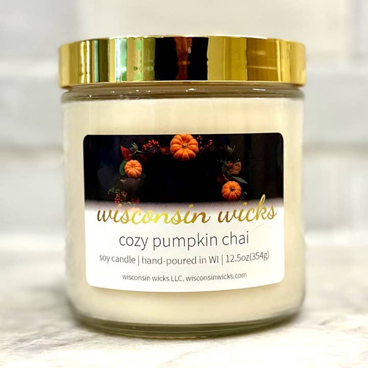 'Cozy Pumpkin Chai' Scented Soy Jar Candle for wholesale by Wisconsin Wicks