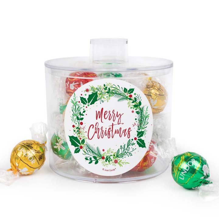 Merry Christmas Canister with Assorted Lindor Truffles for wholesale by Just Candy