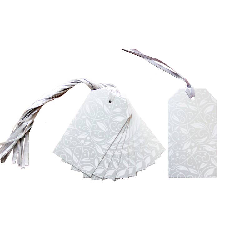 50 Silver Gift Tags & Tying Ribbon for weddings, birthdays for wholesale by Candi Gifts