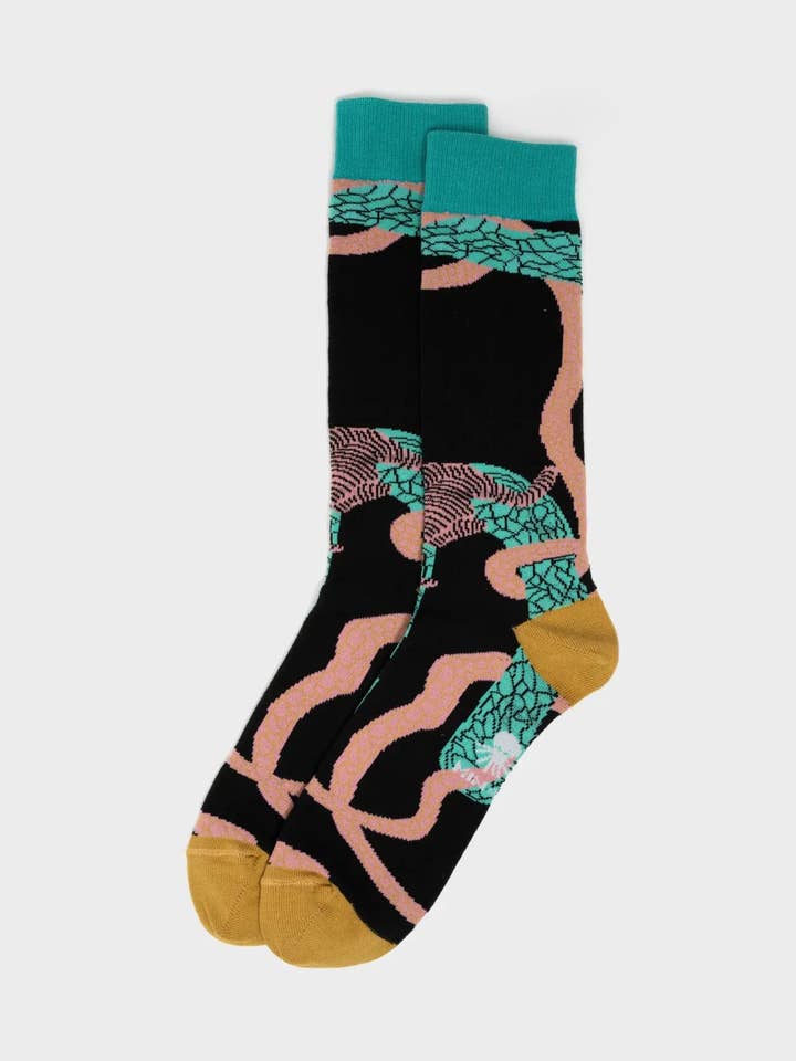 Min & Mon - Wholesale Socks - Women's - Black And Basil Green Socks - Tiger and Snake0