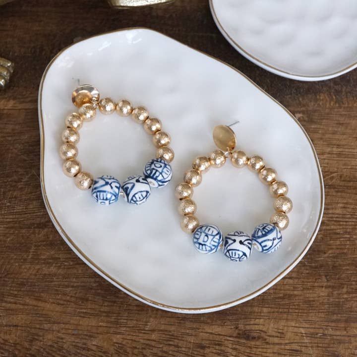 PennyLine inc - Wholesale Dangle Earrings - Chinoiserie Beaded Hoop Circle Drop Statement Earrings – Gold Tone