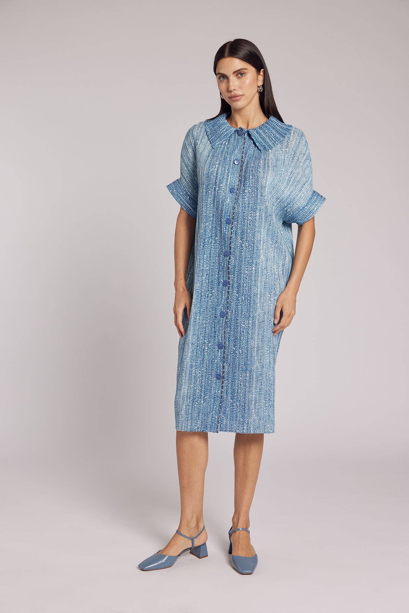 Chambray Eden Crystal Pleats Shirt Dress for wholesale on Faire1