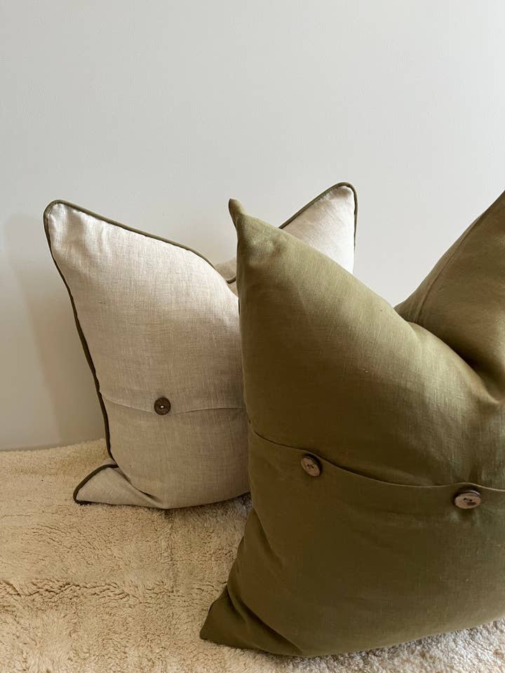 Pure French Linen Cushion Cover with Piped Edge - Natural with Olive Piping for wholesale by Mama and Tochter