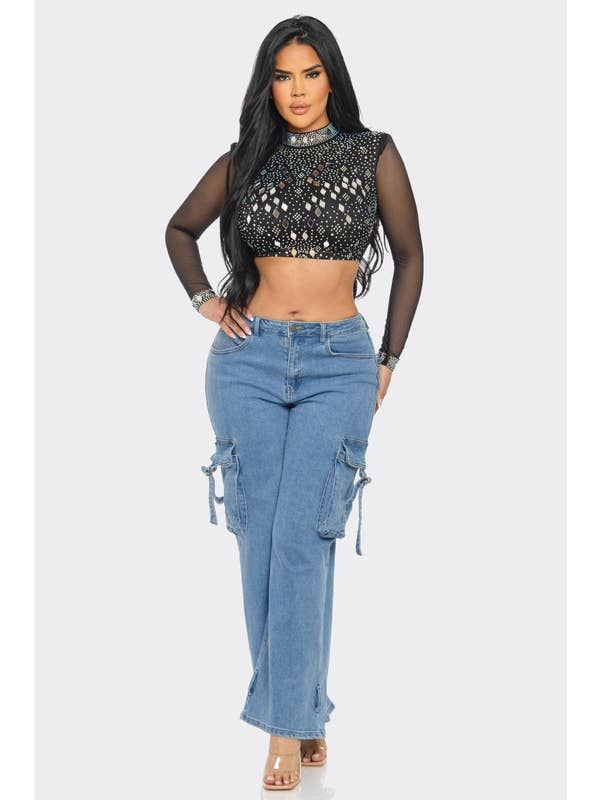 BANJUL - Vendita all'ingrosso Camicetta - Donna - BTS12881 Top Corto a Rete con Strass a Specchio Lucido10