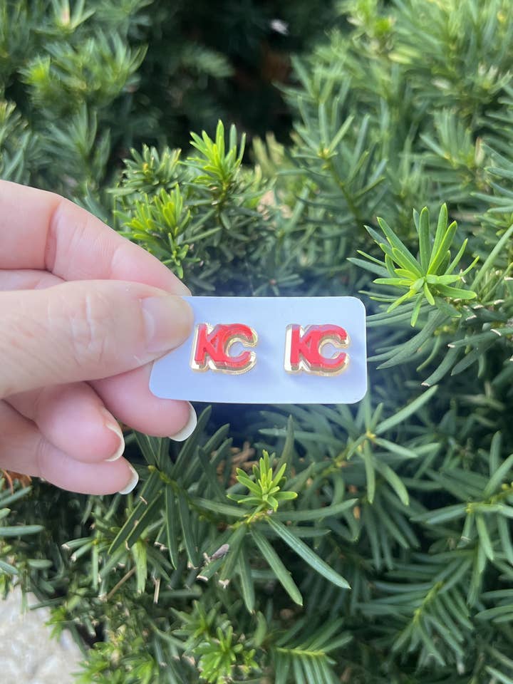 Gold and Red KC Kansas City Chiefs Mirrored Stud Earrings for wholesale by Baubles by B