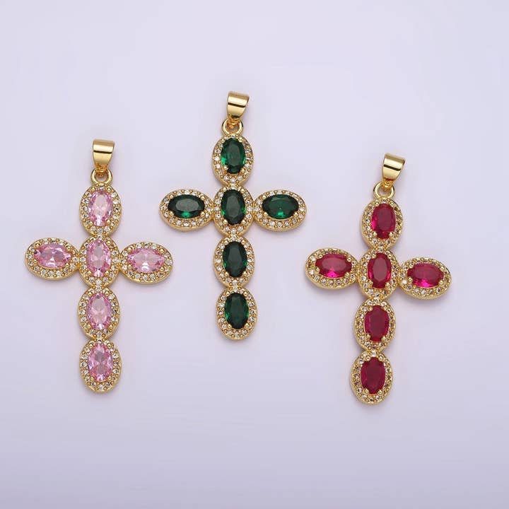 14K Gold Filled Fuchsia, Pink, Green Oval Micro Paved CZ Latin Cross Pendant | AA1095 - AA1096 for wholesale by Aim Eternal