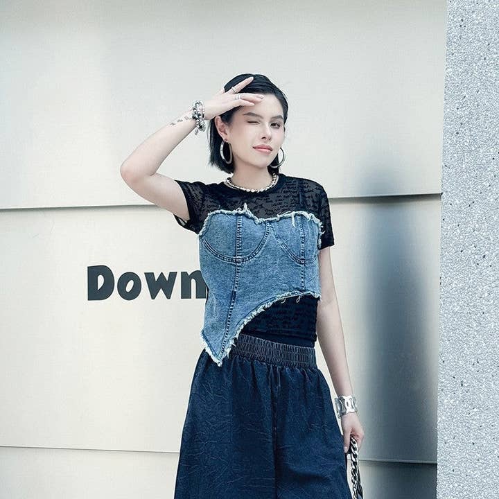 Color Block Denim Sleeveless Tshirt for wholesale by Sheer Trend