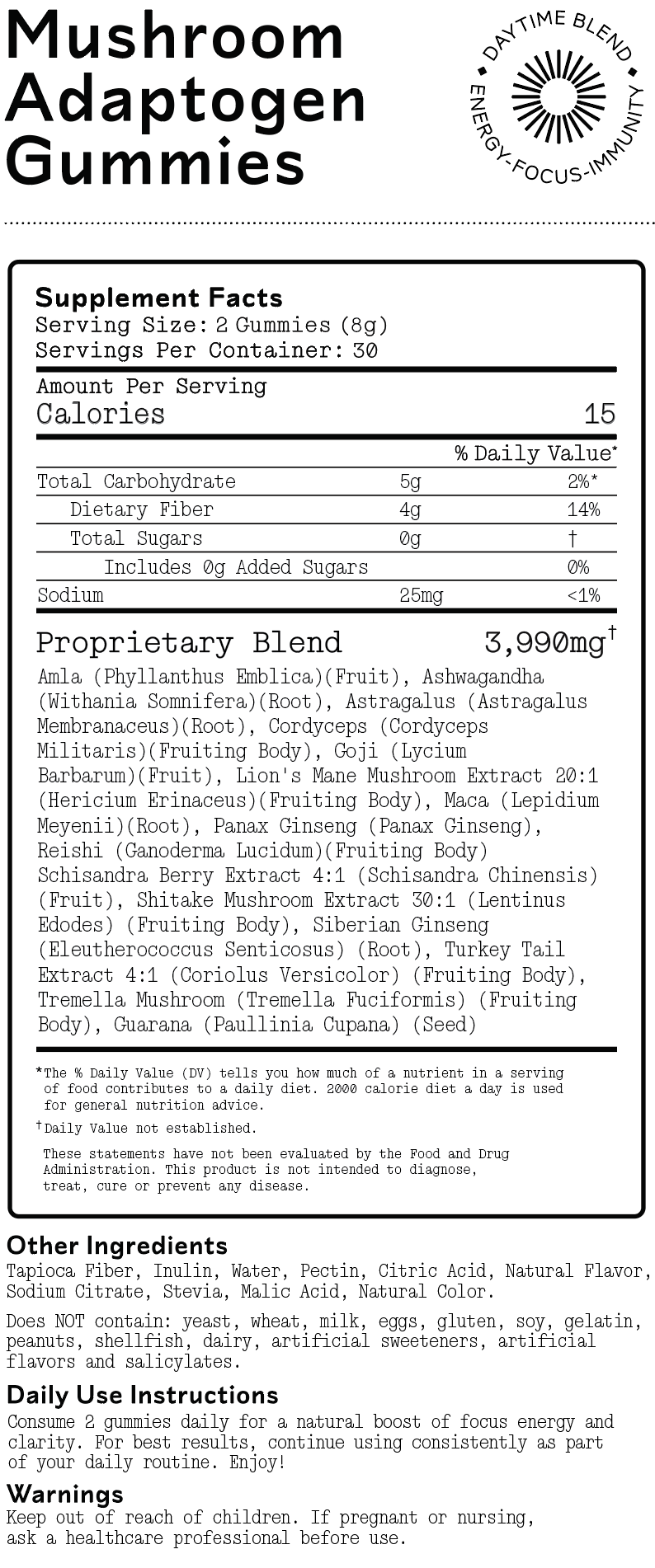 Barker Wellness Co - Wholesale Oral Supplement/Vitamin - Mushroom Adaptogen Gummies (Sugar-Free) - Daytime2