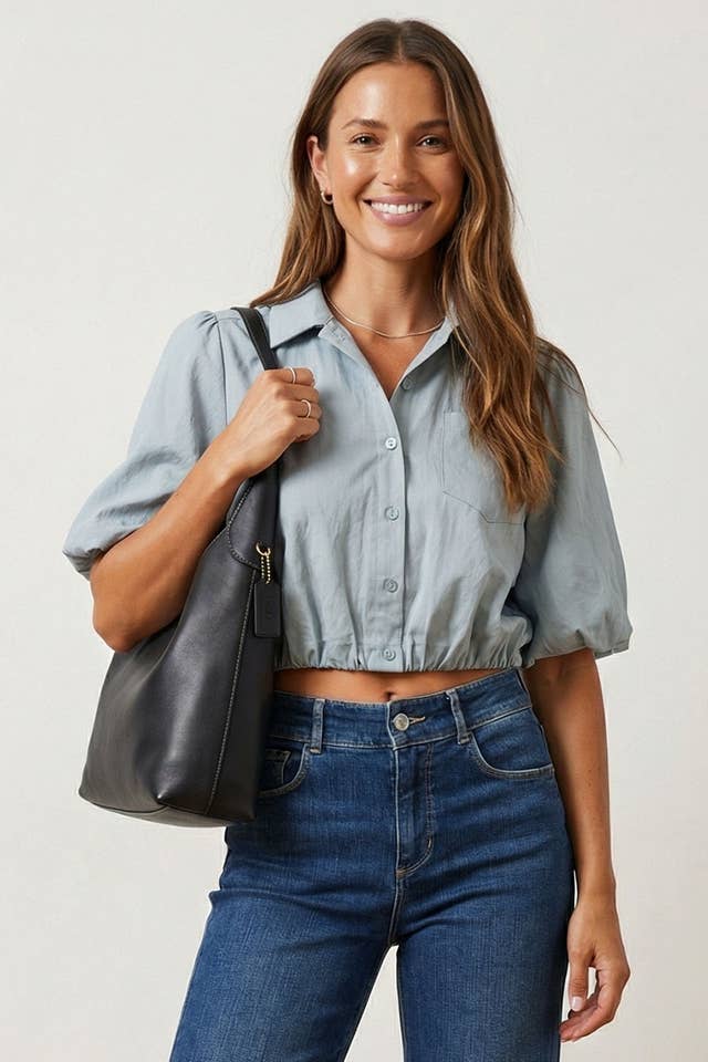 Naked Zebra - Wholesale Blouse - Women's - Short Sleeve Cropped Button Up Blouse3