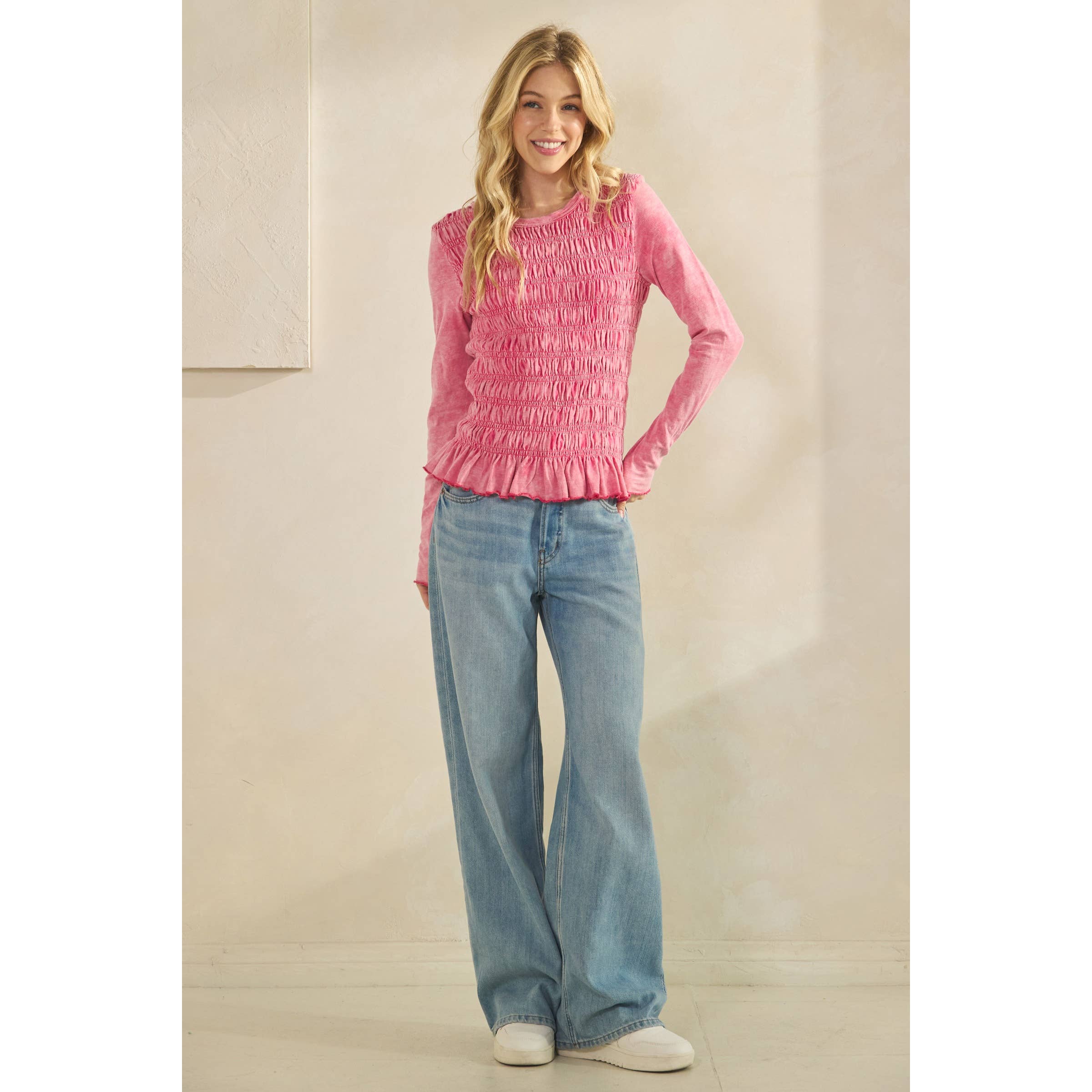 Sage + Fig - Wholesale Knit Top - Women's - SMOCKED PEPLUM LONG SLEEVE TOP (ST7986) 3