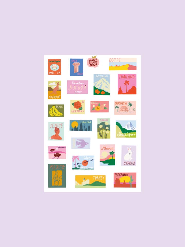 World Stamps Sticker Sheet A5 🌍 for wholesale by Nany Craft Shop