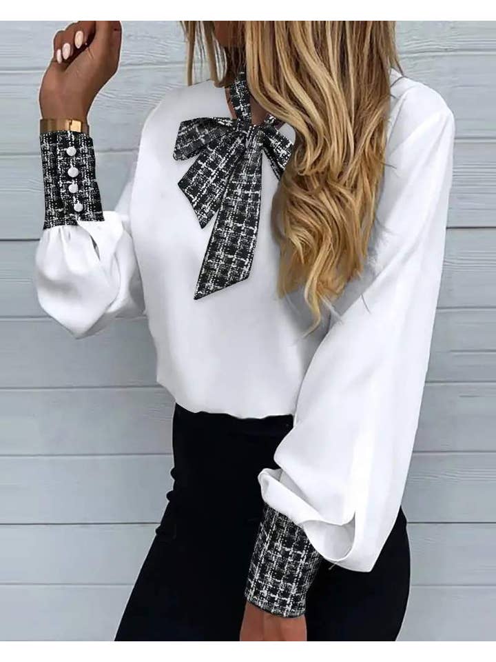 WHITE plaid print lantern sleeve tie neck top for wholesale on Faire