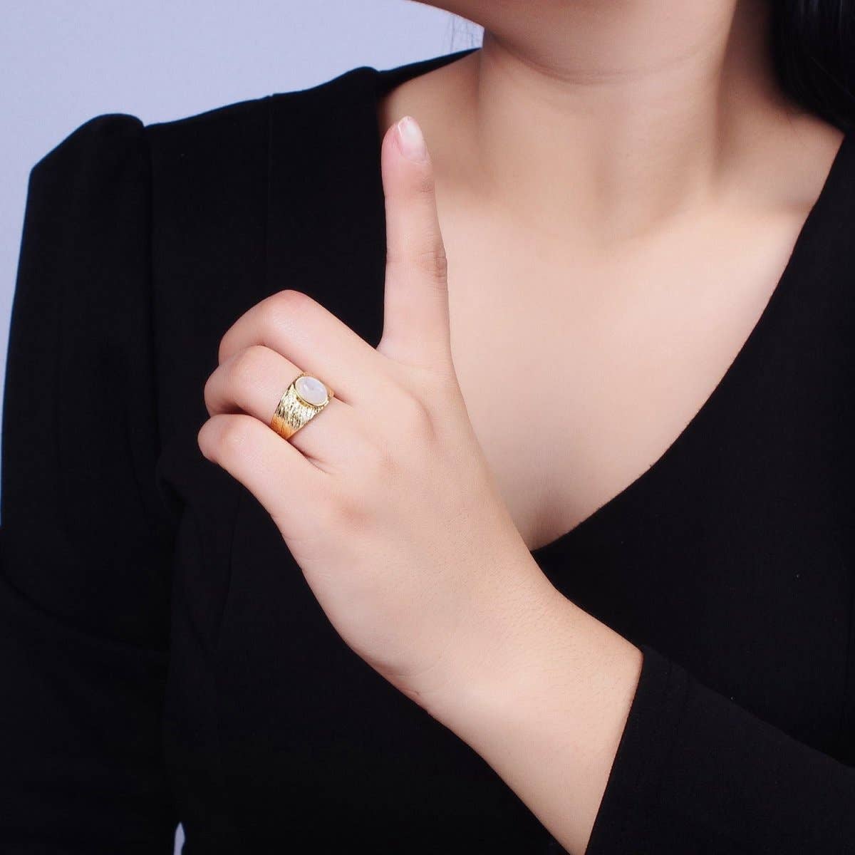 Aim Eternal - Wholesale Single Stone/Solitaire Ring - Labradorite, Moonstone Natural Gemstone Oval Line-Textured Gold Band Ring | O-1862~O-18632