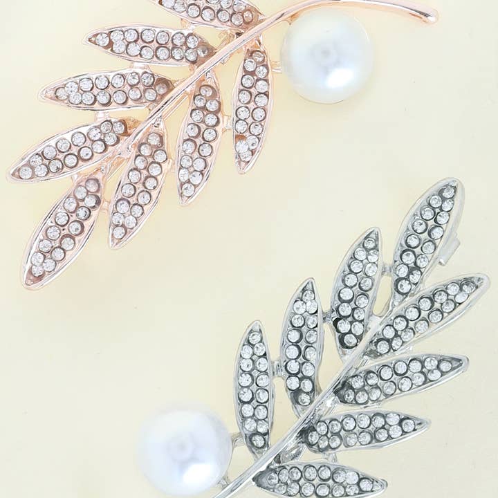 SP Sophia Collection - Wholesale Brooch - Pearl & Rhinestone Crystal Olive Branch Brooch Pin