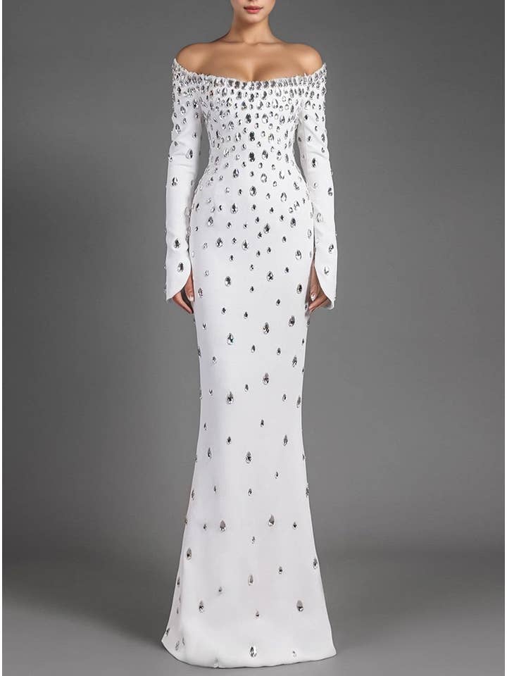 White DR514Y Hand-Beaded Teardrop Diamond Long Dress for wholesale on Faire