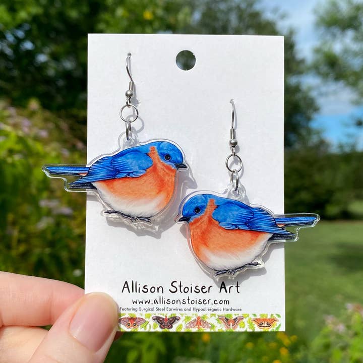 Pendientes acrílicos con forma de pájaro azul oriental para venta al por mayor de Allison Stoiser Art