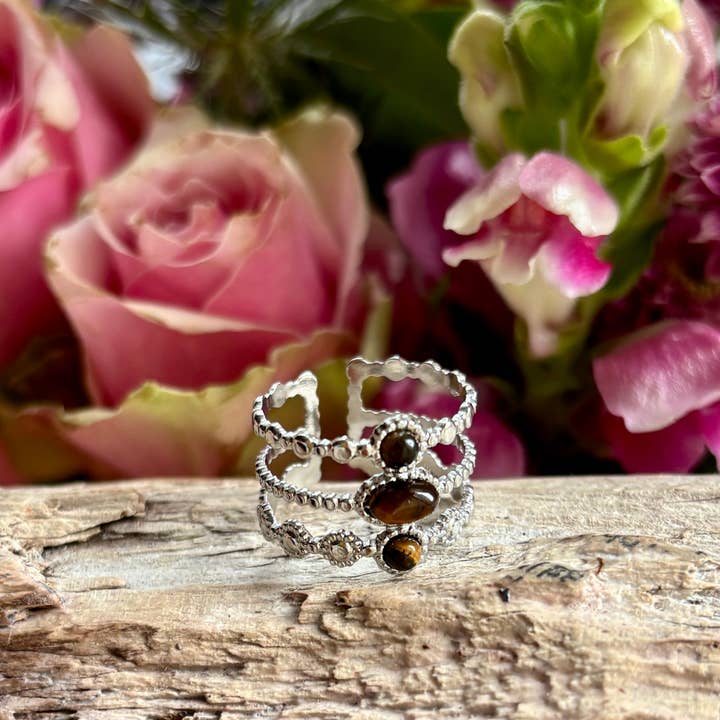 Adjustable Silver Tiger's Eye Triple Band Ring for wholesale by Ocean Ripples